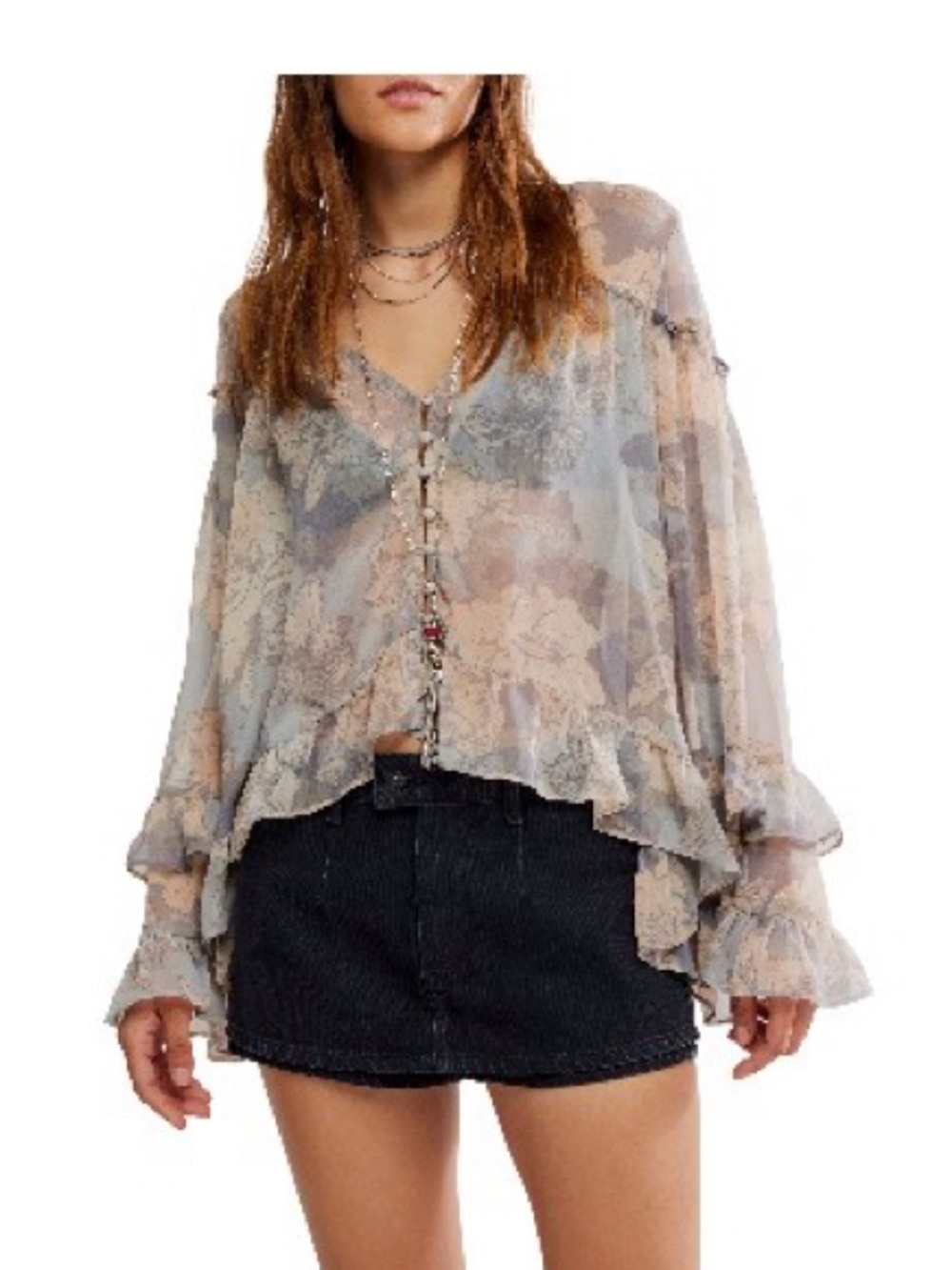Free People Sheer Floral Ruffle Blouse - Beige, Light Blue